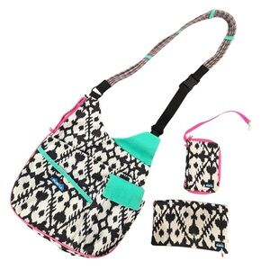 Kavu Crossbody Bag and Two Wallet Set Rope Handle Ikat Black White Teal